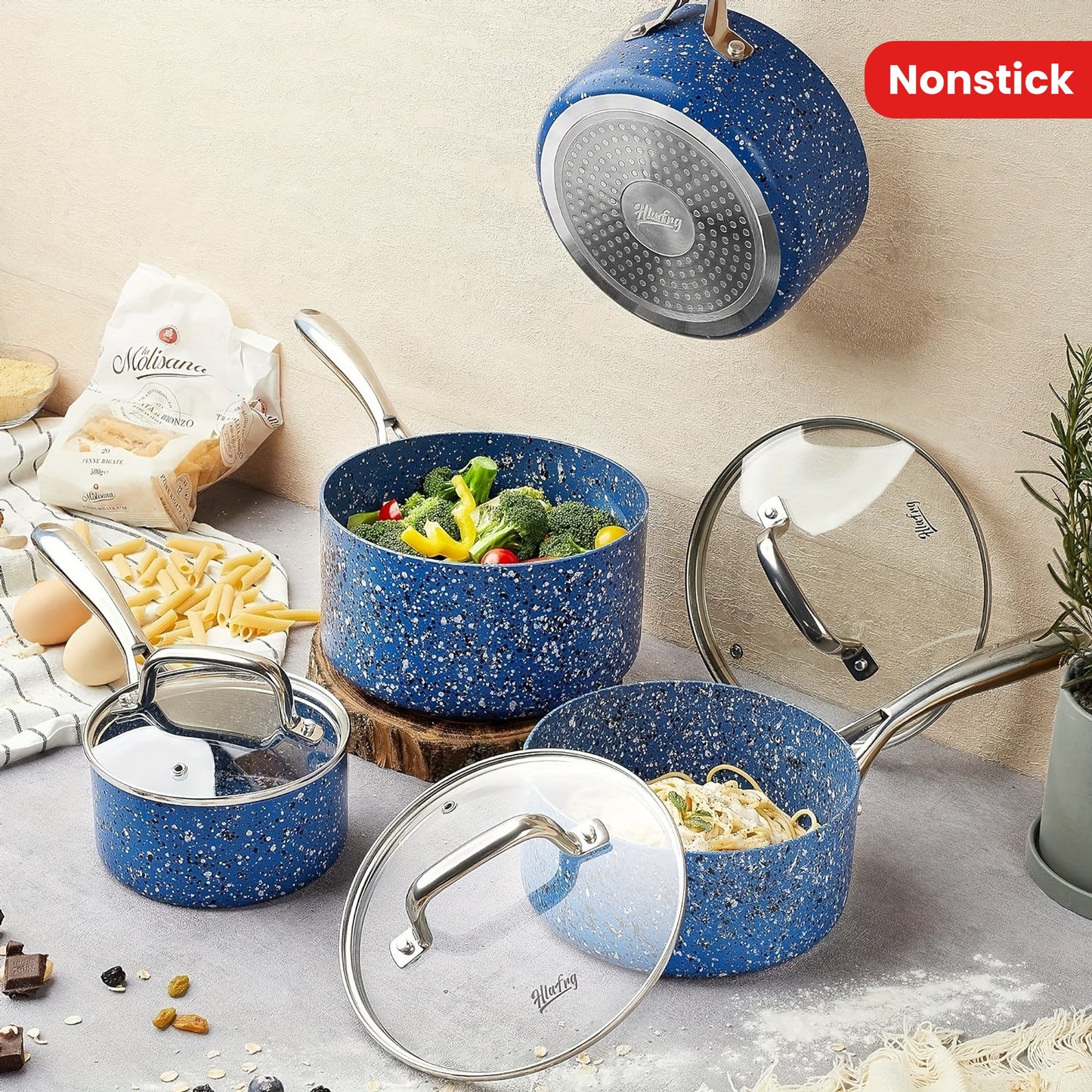 2Qt & 3Qt Saucepan Set with Lid, Nonstick Sauce Pan Set with Blue Granite Coating, Small Pot with Lid, Natural Granite Nonstick Saucepan Set, Small Sauce Pots