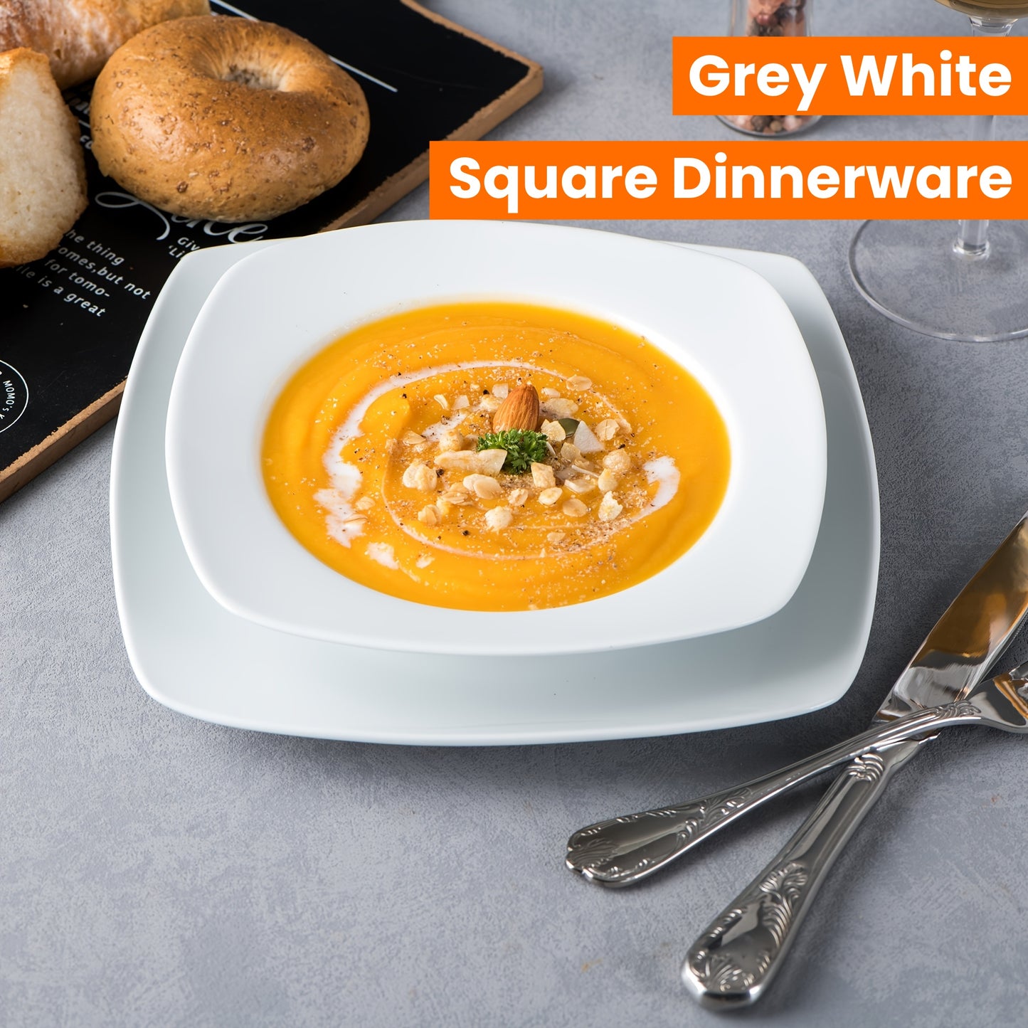 18pcs Porcelain Grey White Square Dinnerware Sets with Dinner Plates, Dessert Plates, Soup Plates, Set for 6