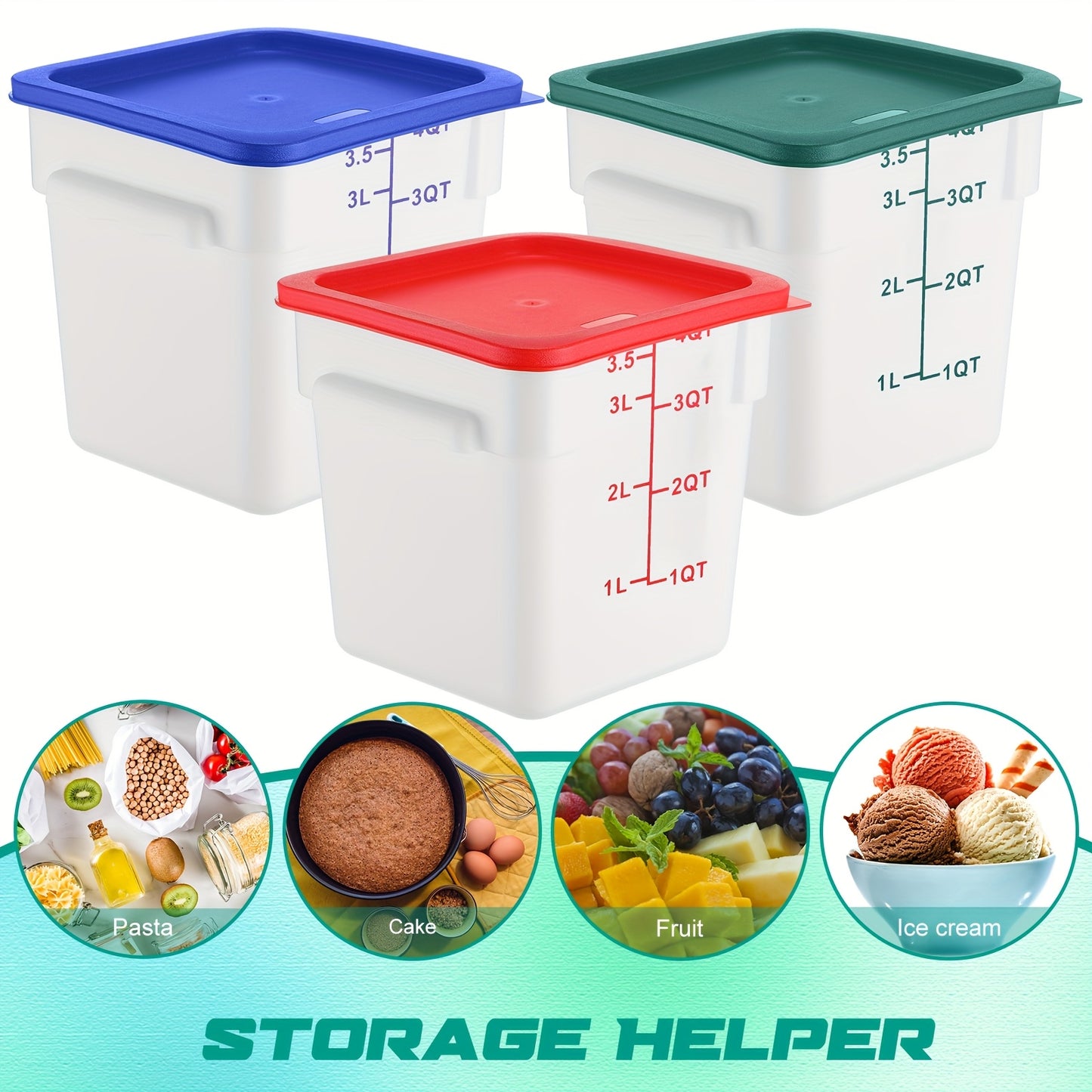 6pcs 4-Quart Square Food Storage Containers with Leak-Proof Lids – Translucent Plastic with Color-Coded Measurement Markings (Blue\u002FWhite, Red\u002FBlack, Green\u002FClear) for Freezer, Flour, Sugar, Bread, and More – Reusable & Stackable