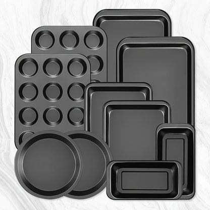 10pcs Kitchen Nonstick Bakeware Set - Round\u002FSquare Cake Pans, Muffin Pan, Loaf Pan, Roast Pan & Baking Sheets