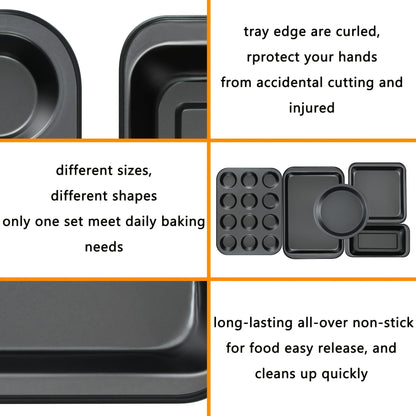 10pcs Kitchen Nonstick Bakeware Set - Round\u002FSquare Cake Pans, Muffin Pan, Loaf Pan, Roast Pan & Baking Sheets