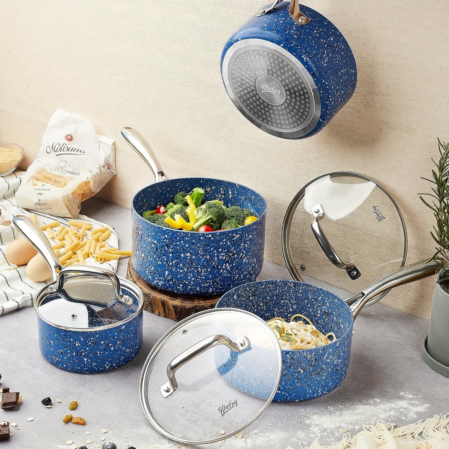 2Qt & 3Qt Saucepan Set with Lid, Nonstick Sauce Pan Set with Blue Granite Coating, Small Pot with Lid, Natural Granite Nonstick Saucepan Set, Small Sauce Pots