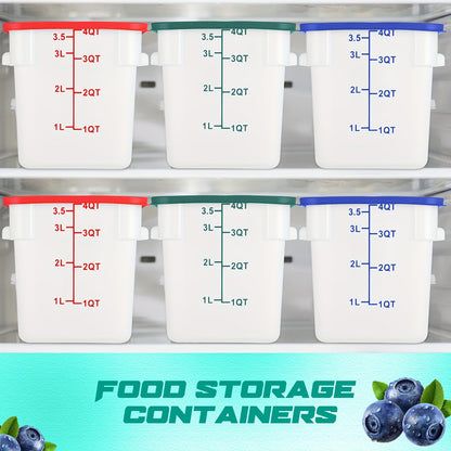 6pcs 4-Quart Square Food Storage Containers with Leak-Proof Lids – Translucent Plastic with Color-Coded Measurement Markings (Blue\u002FWhite, Red\u002FBlack, Green\u002FClear) for Freezer, Flour, Sugar, Bread, and More – Reusable & Stackable