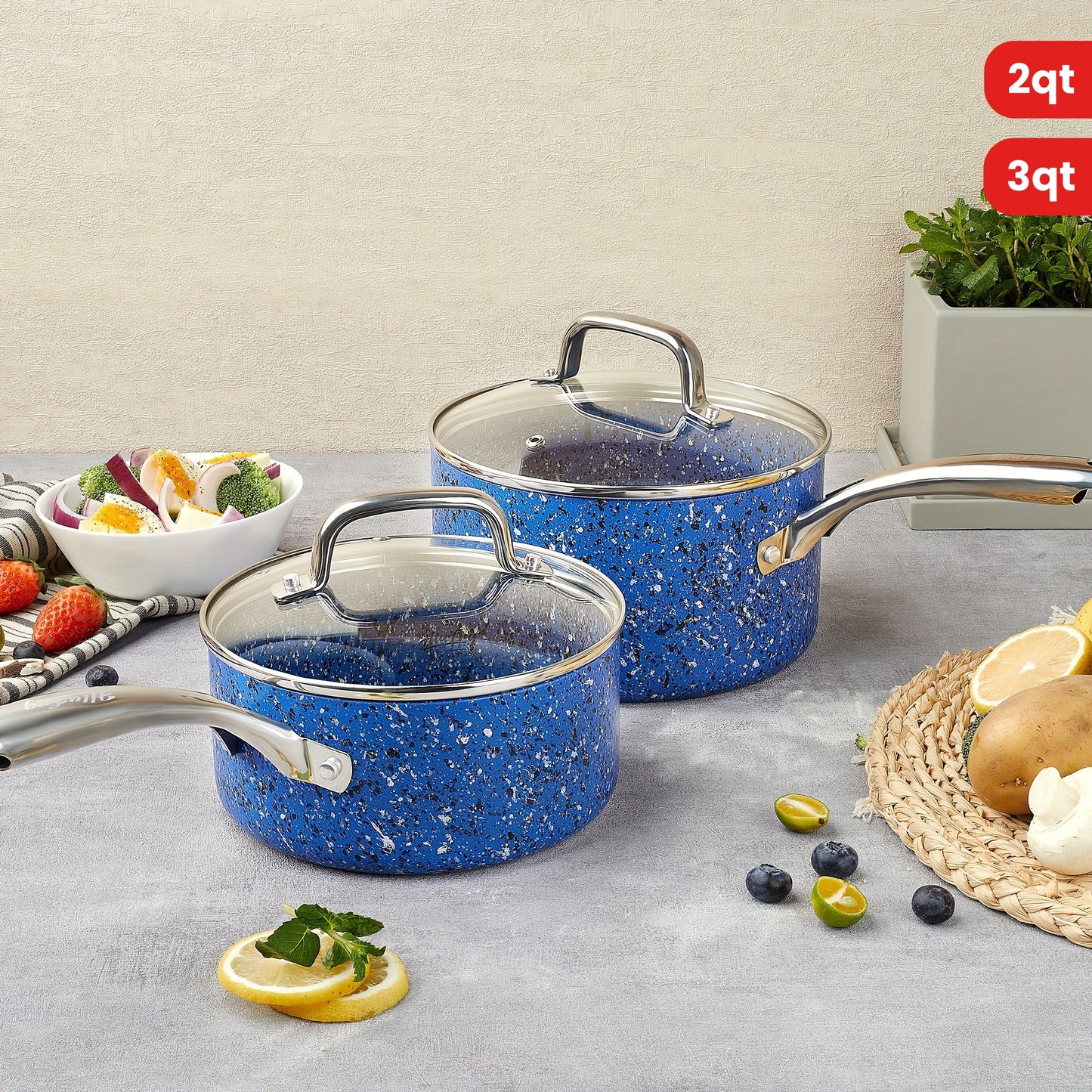 2Qt & 3Qt Saucepan Set with Lid, Nonstick Sauce Pan Set with Blue Granite Coating, Small Pot with Lid, Natural Granite Nonstick Saucepan Set, Small Sauce Pots