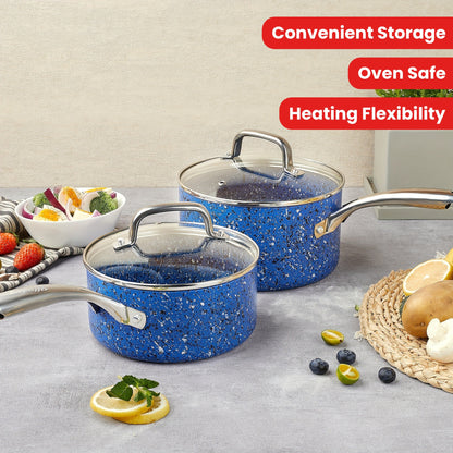2Qt & 3Qt Saucepan Set with Lid, Nonstick Sauce Pan Set with Blue Granite Coating, Small Pot with Lid, Natural Granite Nonstick Saucepan Set, Small Sauce Pots