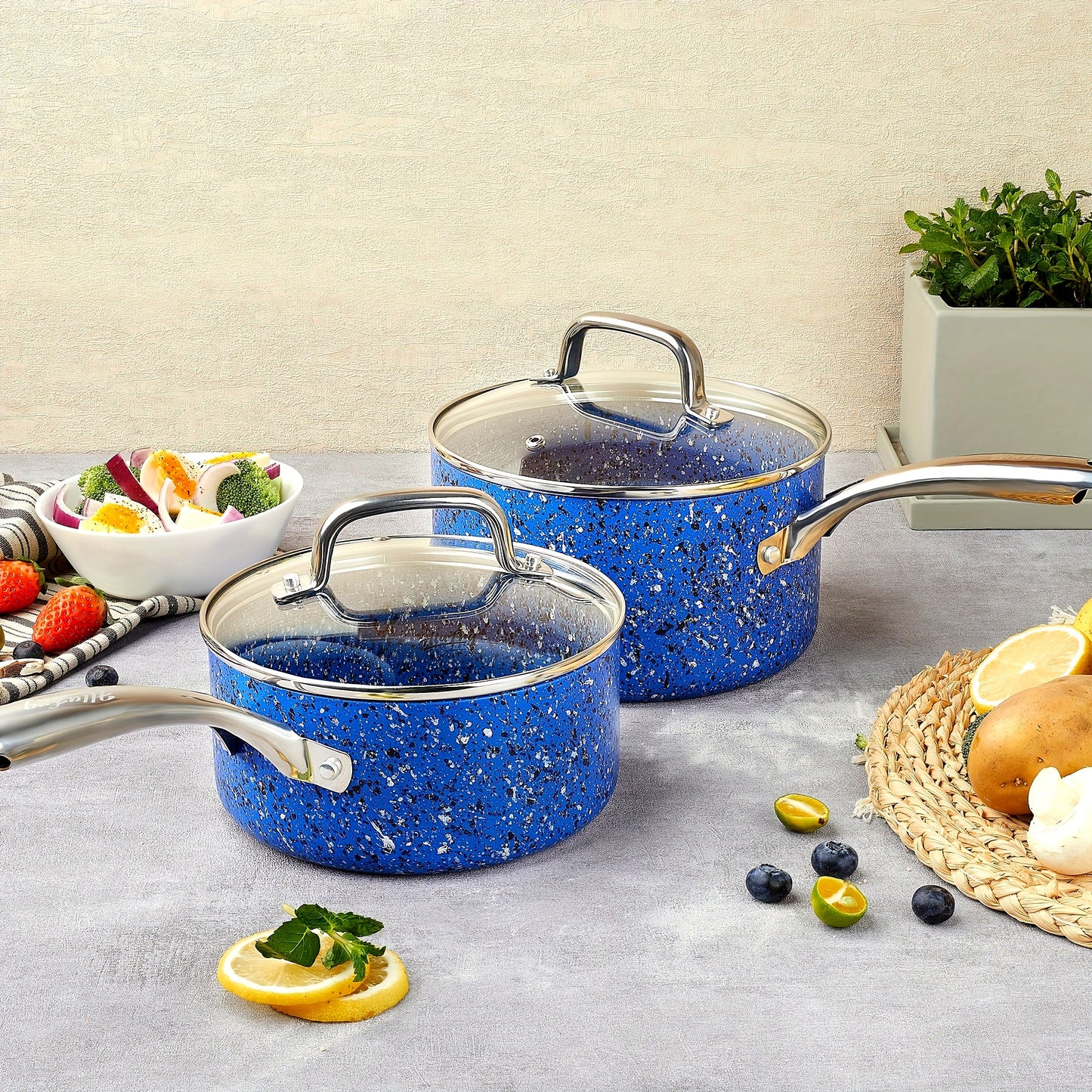 2Qt & 3Qt Saucepan Set with Lid, Nonstick Sauce Pan Set with Blue Granite Coating, Small Pot with Lid, Natural Granite Nonstick Saucepan Set, Small Sauce Pots