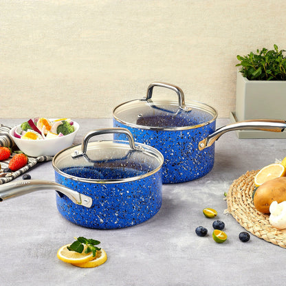 2Qt & 3Qt Saucepan Set with Lid, Nonstick Sauce Pan Set with Blue Granite Coating, Small Pot with Lid, Natural Granite Nonstick Saucepan Set, Small Sauce Pots