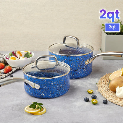 2Qt & 3Qt Saucepan Set with Lid, Nonstick Sauce Pan Set with Blue Granite Coating, Small Pot with Lid, Natural Granite Nonstick Saucepan Set, Small Sauce Pots