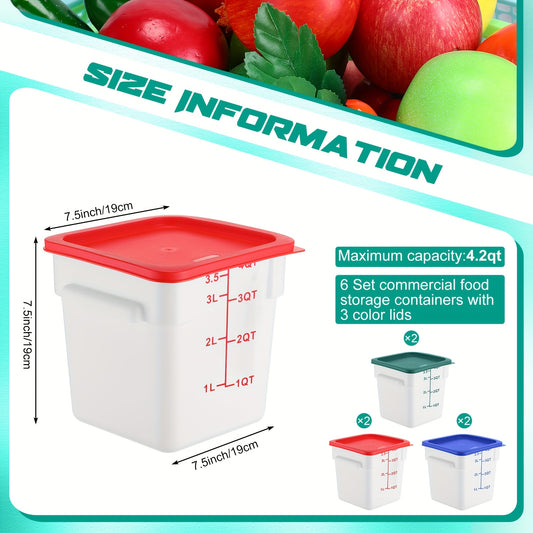 6pcs 4-Quart Square Food Storage Containers with Leak-Proof Lids – Translucent Plastic with Color-Coded Measurement Markings (Blue\u002FWhite, Red\u002FBlack, Green\u002FClear) for Freezer, Flour, Sugar, Bread, and More – Reusable & Stackable