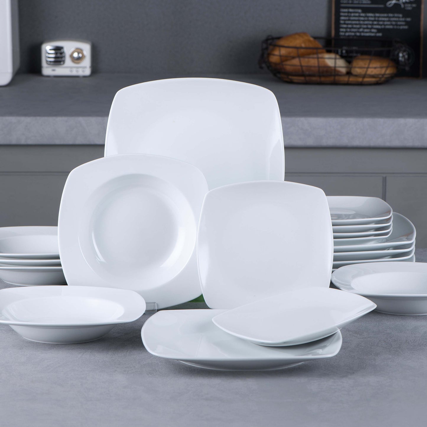 18pcs Porcelain Grey White Square Dinnerware Sets with Dinner Plates, Dessert Plates, Soup Plates, Set for 6