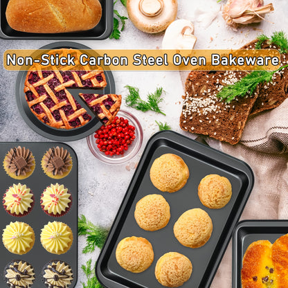 10pcs Kitchen Nonstick Bakeware Set - Round\u002FSquare Cake Pans, Muffin Pan, Loaf Pan, Roast Pan & Baking Sheets