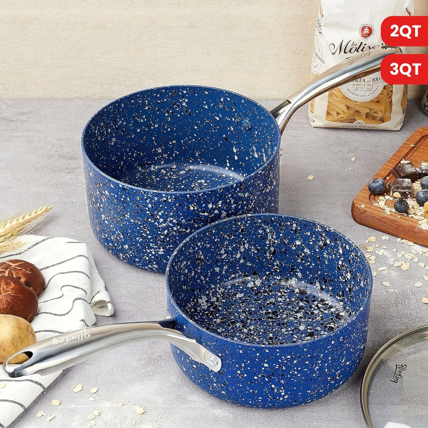 2Qt & 3Qt Saucepan Set with Lid, Nonstick Sauce Pan Set with Blue Granite Coating, Small Pot with Lid, Natural Granite Nonstick Saucepan Set, Small Sauce Pots