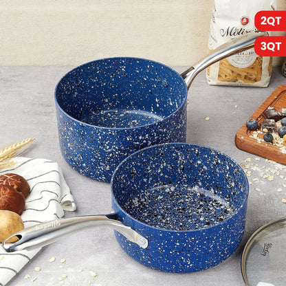 2Qt & 3Qt Saucepan Set with Lid, Nonstick Sauce Pan Set with Blue Granite Coating, Small Pot with Lid, Natural Granite Nonstick Saucepan Set, Small Sauce Pots