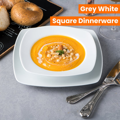 18pcs Porcelain Grey White Square Dinnerware Sets with Dinner Plates, Dessert Plates, Soup Plates, Set for 6