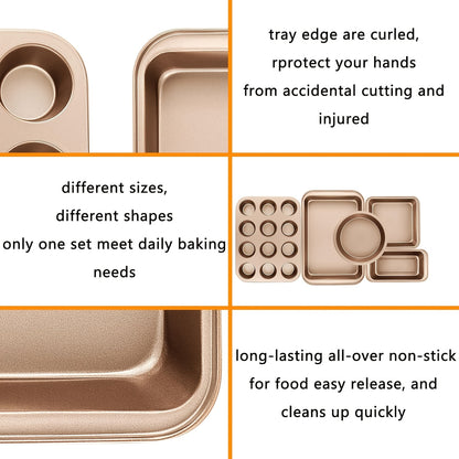 Nonstick Baking Pans 10pcs Nonstick Baking Pans Set | Kitchen Baking Sheets for Oven, Bakeware Sets with Round\u002FSquare Cake Pan, Muffin Pan, Loaf Pan, Roast Pan, Cookie Sheet Set Baking Supplies Champagne Golden