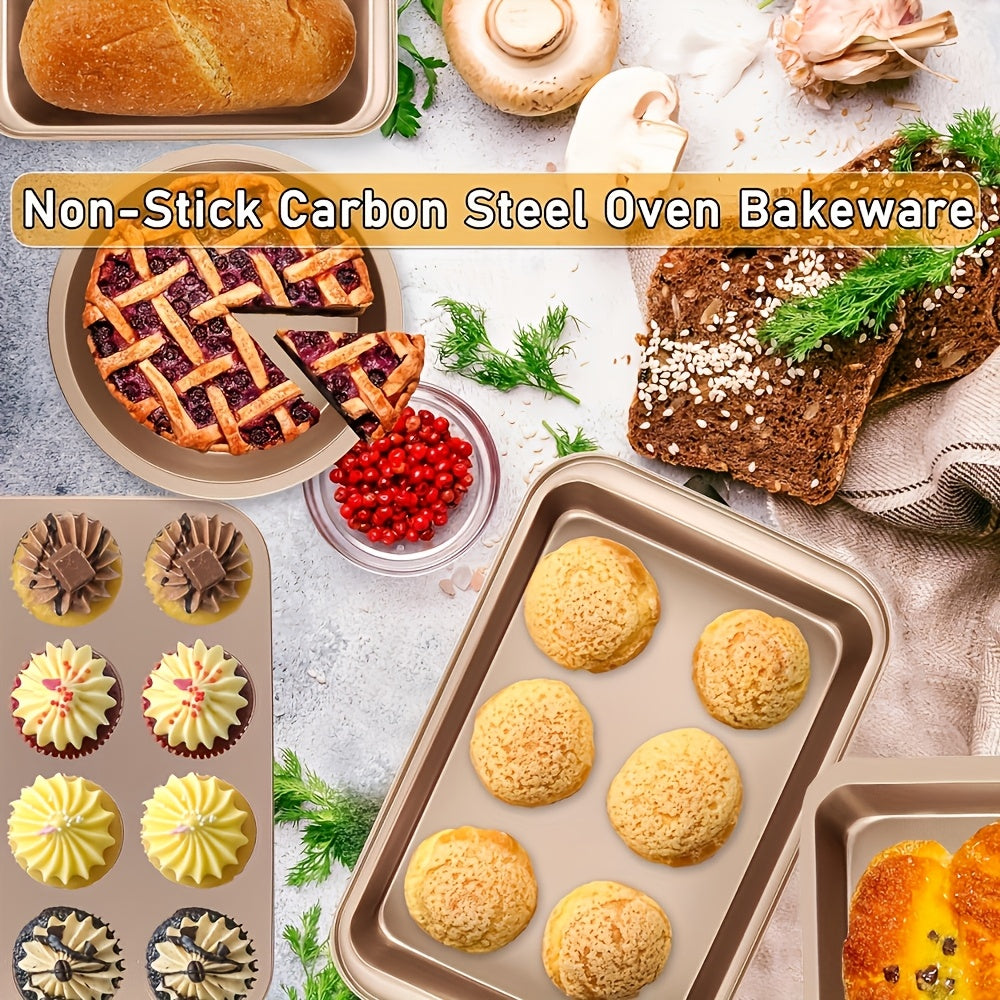 Nonstick Baking Pans 10pcs Nonstick Baking Pans Set | Kitchen Baking Sheets for Oven, Bakeware Sets with Round\u002FSquare Cake Pan, Muffin Pan, Loaf Pan, Roast Pan, Cookie Sheet Set Baking Supplies Champagne Golden