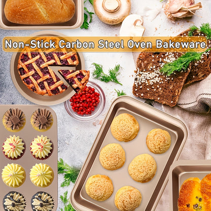 Nonstick Baking Pans 10pcs Nonstick Baking Pans Set | Kitchen Baking Sheets for Oven, Bakeware Sets with Round\u002FSquare Cake Pan, Muffin Pan, Loaf Pan, Roast Pan, Cookie Sheet Set Baking Supplies Champagne Golden