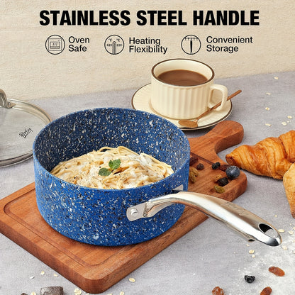 2Qt & 3Qt Saucepan Set with Lid, Nonstick Sauce Pan Set with Blue Granite Coating, Small Pot with Lid, Natural Granite Nonstick Saucepan Set, Small Sauce Pots