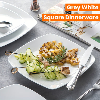 18pcs Porcelain Grey White Square Dinnerware Sets with Dinner Plates, Dessert Plates, Soup Plates, Set for 6