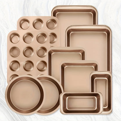 Nonstick Baking Pans 10pcs Nonstick Baking Pans Set | Kitchen Baking Sheets for Oven, Bakeware Sets with Round\u002FSquare Cake Pan, Muffin Pan, Loaf Pan, Roast Pan, Cookie Sheet Set Baking Supplies Champagne Golden