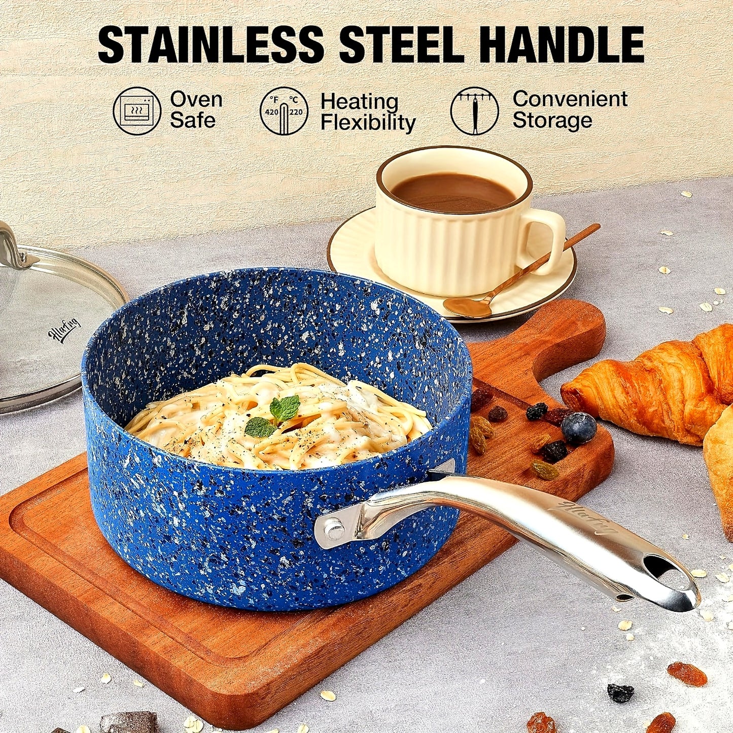 2Qt & 3Qt Saucepan Set with Lid, Nonstick Sauce Pan Set with Blue Granite Coating, Small Pot with Lid, Natural Granite Nonstick Saucepan Set, Small Sauce Pots