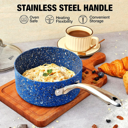 2Qt & 3Qt Saucepan Set with Lid, Nonstick Sauce Pan Set with Blue Granite Coating, Small Pot with Lid, Natural Granite Nonstick Saucepan Set, Small Sauce Pots