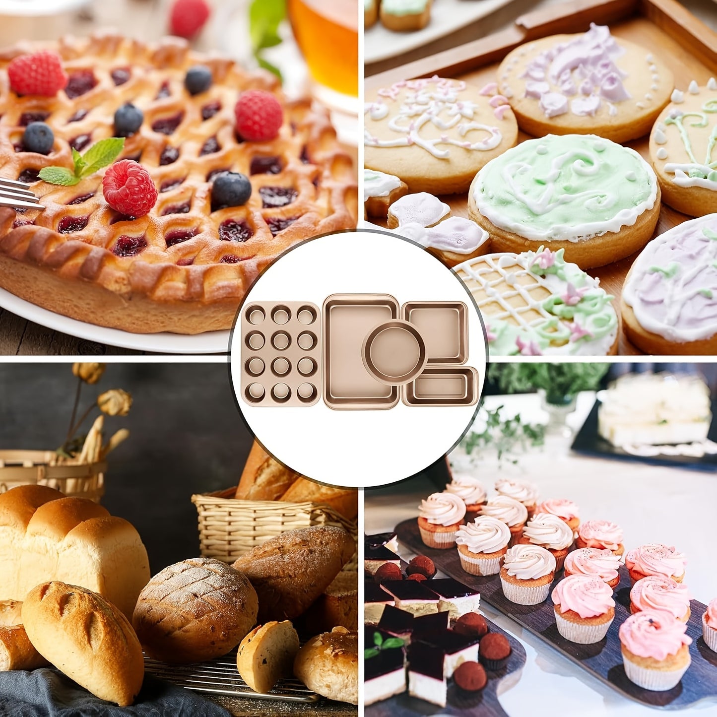 Nonstick Baking Pans 10pcs Nonstick Baking Pans Set | Kitchen Baking Sheets for Oven, Bakeware Sets with Round\u002FSquare Cake Pan, Muffin Pan, Loaf Pan, Roast Pan, Cookie Sheet Set Baking Supplies Champagne Golden