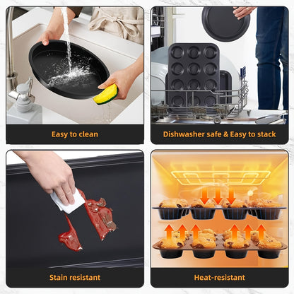 10pcs Kitchen Nonstick Bakeware Set - Round\u002FSquare Cake Pans, Muffin Pan, Loaf Pan, Roast Pan & Baking Sheets
