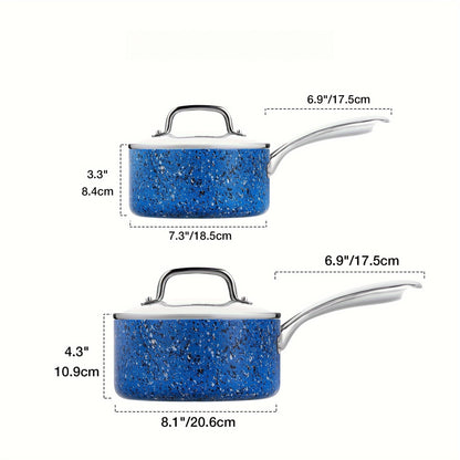 2Qt & 3Qt Saucepan Set with Lid, Nonstick Sauce Pan Set with Blue Granite Coating, Small Pot with Lid, Natural Granite Nonstick Saucepan Set, Small Sauce Pots