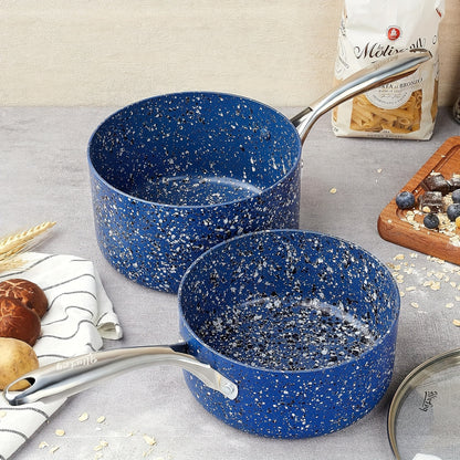 2Qt & 3Qt Saucepan Set with Lid, Nonstick Sauce Pan Set with Blue Granite Coating, Small Pot with Lid, Natural Granite Nonstick Saucepan Set, Small Sauce Pots
