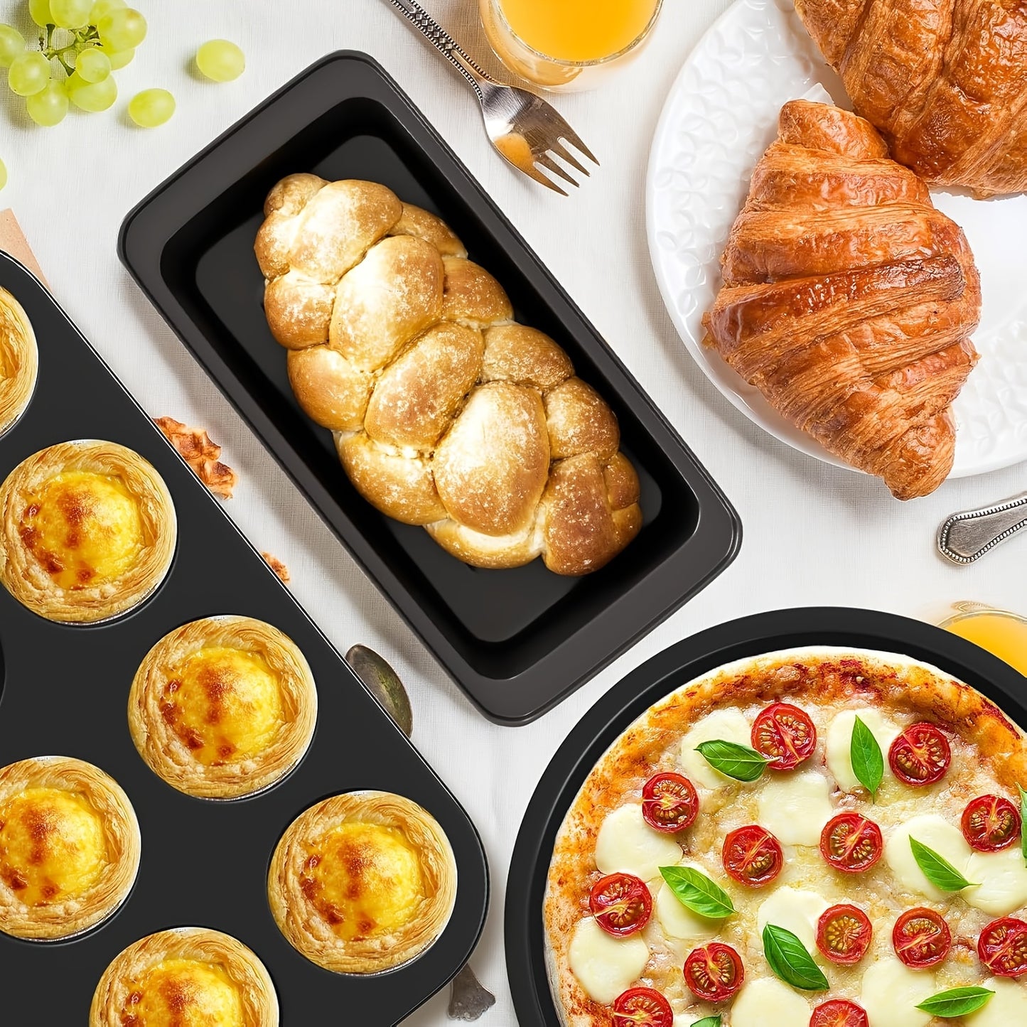 10pcs Kitchen Nonstick Bakeware Set - Round\u002FSquare Cake Pans, Muffin Pan, Loaf Pan, Roast Pan & Baking Sheets