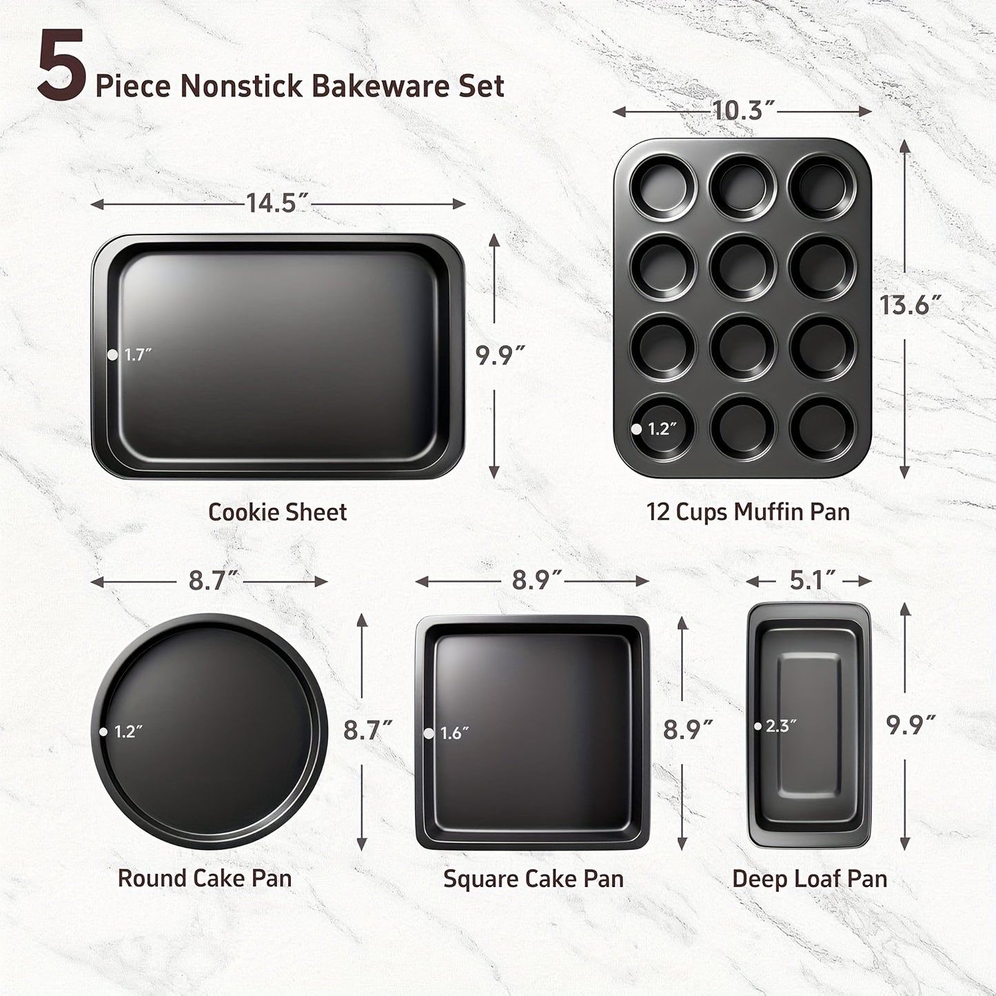 10pcs Kitchen Nonstick Bakeware Set - Round\u002FSquare Cake Pans, Muffin Pan, Loaf Pan, Roast Pan & Baking Sheets