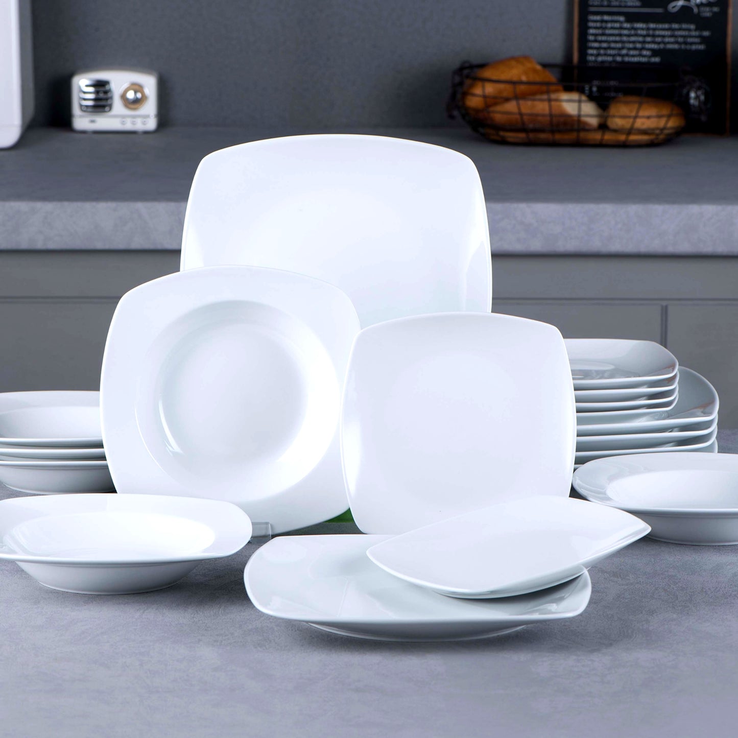 18pcs Porcelain Grey White Square Dinnerware Sets with Dinner Plates, Dessert Plates, Soup Plates, Set for 6
