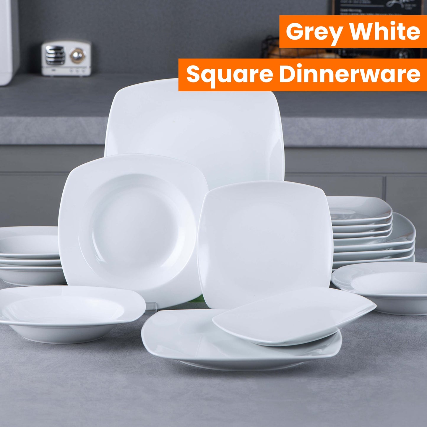 18pcs Porcelain Grey White Square Dinnerware Sets with Dinner Plates, Dessert Plates, Soup Plates, Set for 6
