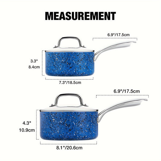 2Qt & 3Qt Saucepan Set with Lid, Nonstick Sauce Pan Set with Blue Granite Coating, Small Pot with Lid, Natural Granite Nonstick Saucepan Set, Small Sauce Pots