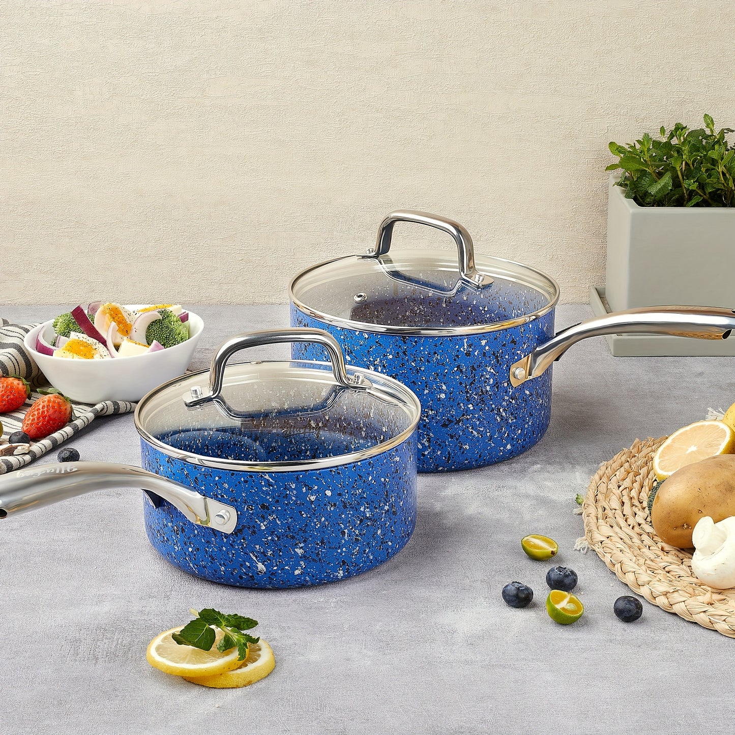 2Qt & 3Qt Saucepan Set with Lid, Nonstick Sauce Pan Set with Blue Granite Coating, Small Pot with Lid, Natural Granite Nonstick Saucepan Set, Small Sauce Pots