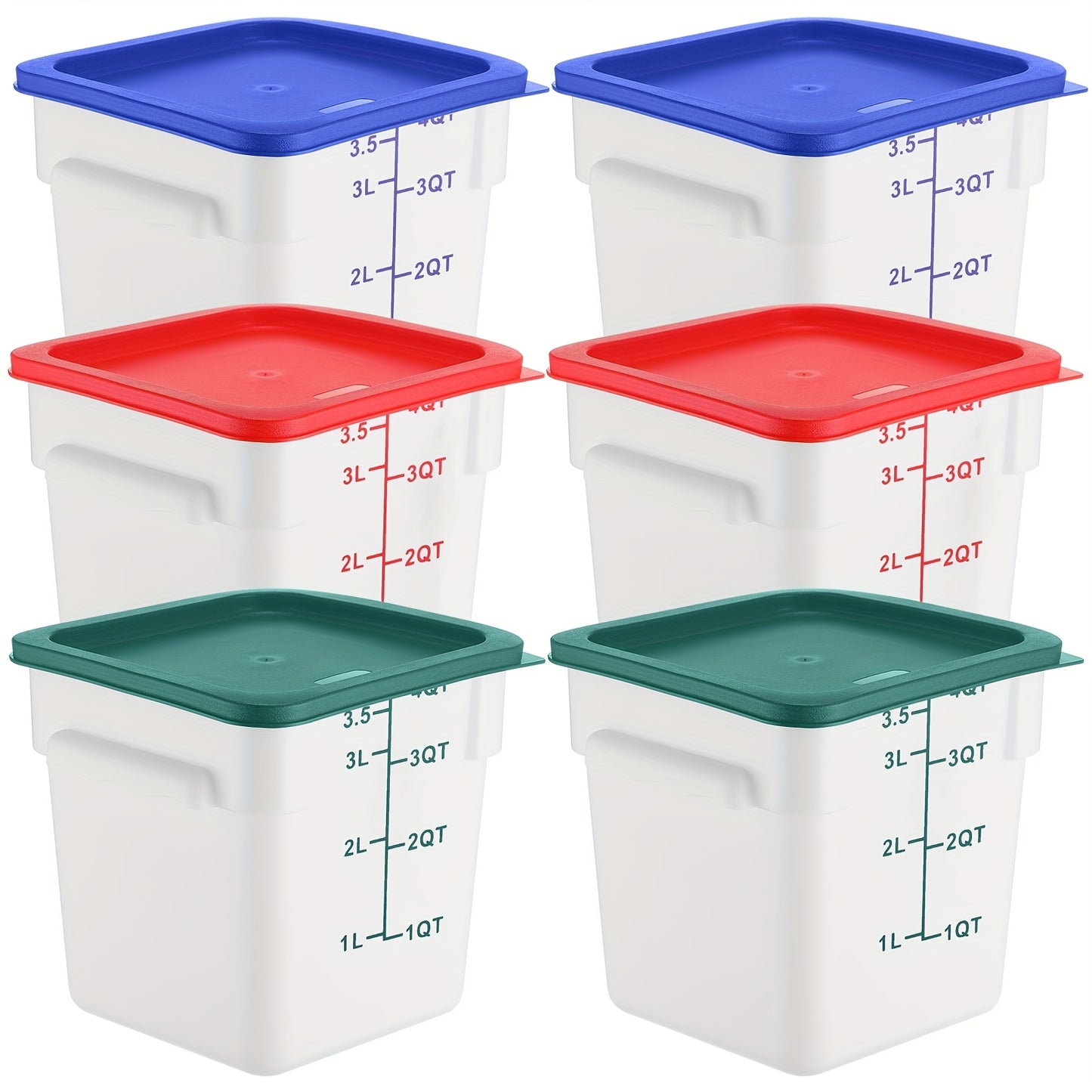 6pcs 4-Quart Square Food Storage Containers with Leak-Proof Lids – Translucent Plastic with Color-Coded Measurement Markings (Blue\u002FWhite, Red\u002FBlack, Green\u002FClear) for Freezer, Flour, Sugar, Bread, and More – Reusable & Stackable