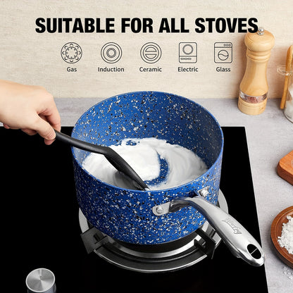 2Qt & 3Qt Saucepan Set with Lid, Nonstick Sauce Pan Set with Blue Granite Coating, Small Pot with Lid, Natural Granite Nonstick Saucepan Set, Small Sauce Pots