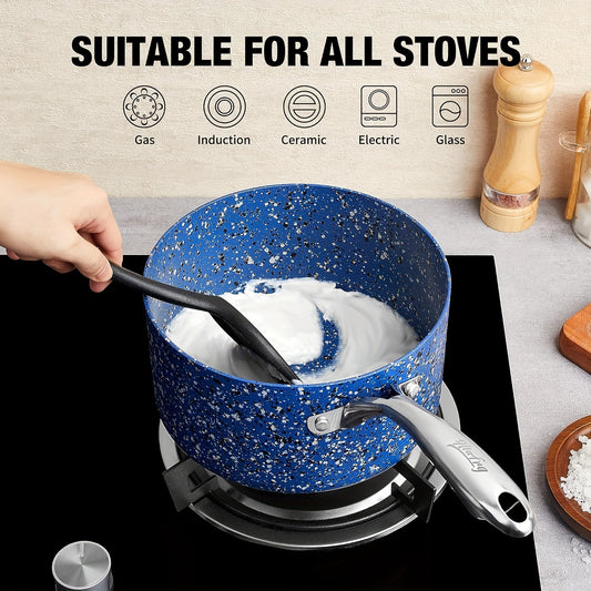 2Qt & 3Qt Saucepan Set with Lid, Nonstick Sauce Pan Set with Blue Granite Coating, Small Pot with Lid, Natural Granite Nonstick Saucepan Set, Small Sauce Pots