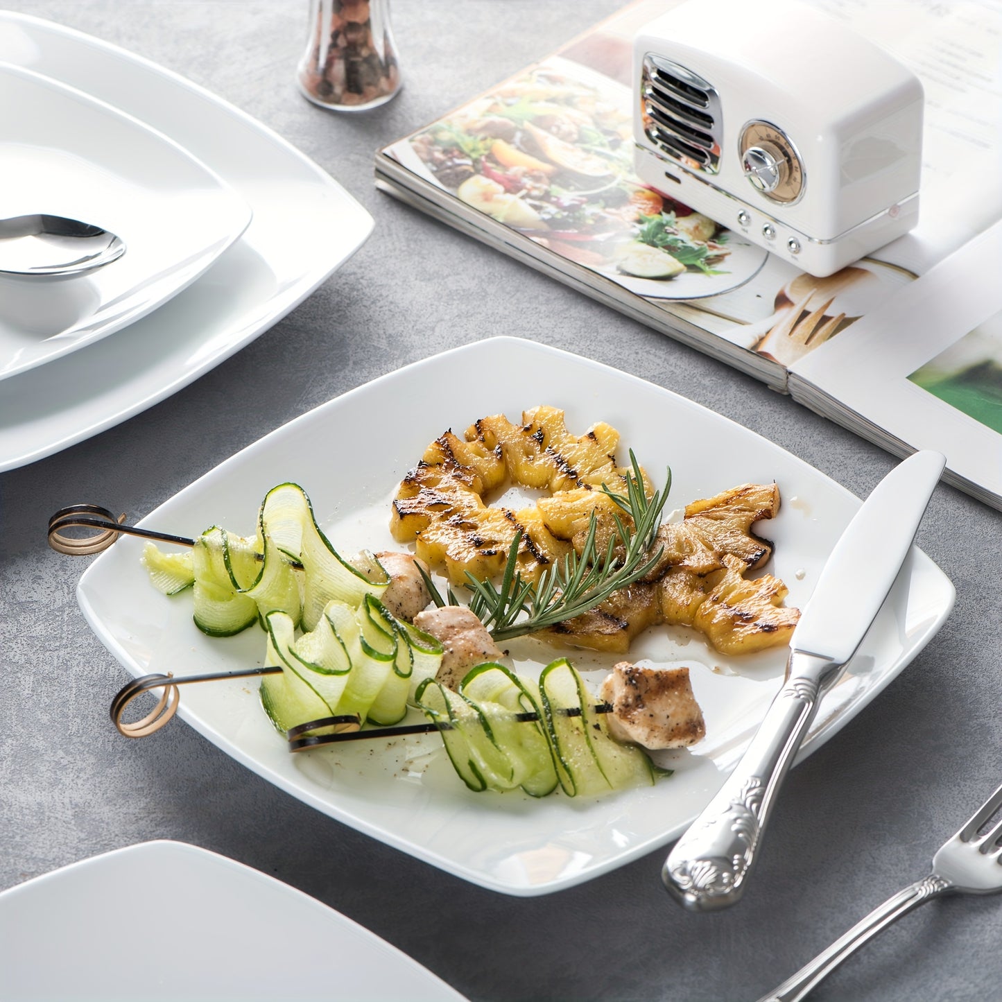 18pcs Porcelain Grey White Square Dinnerware Sets with Dinner Plates, Dessert Plates, Soup Plates, Set for 6