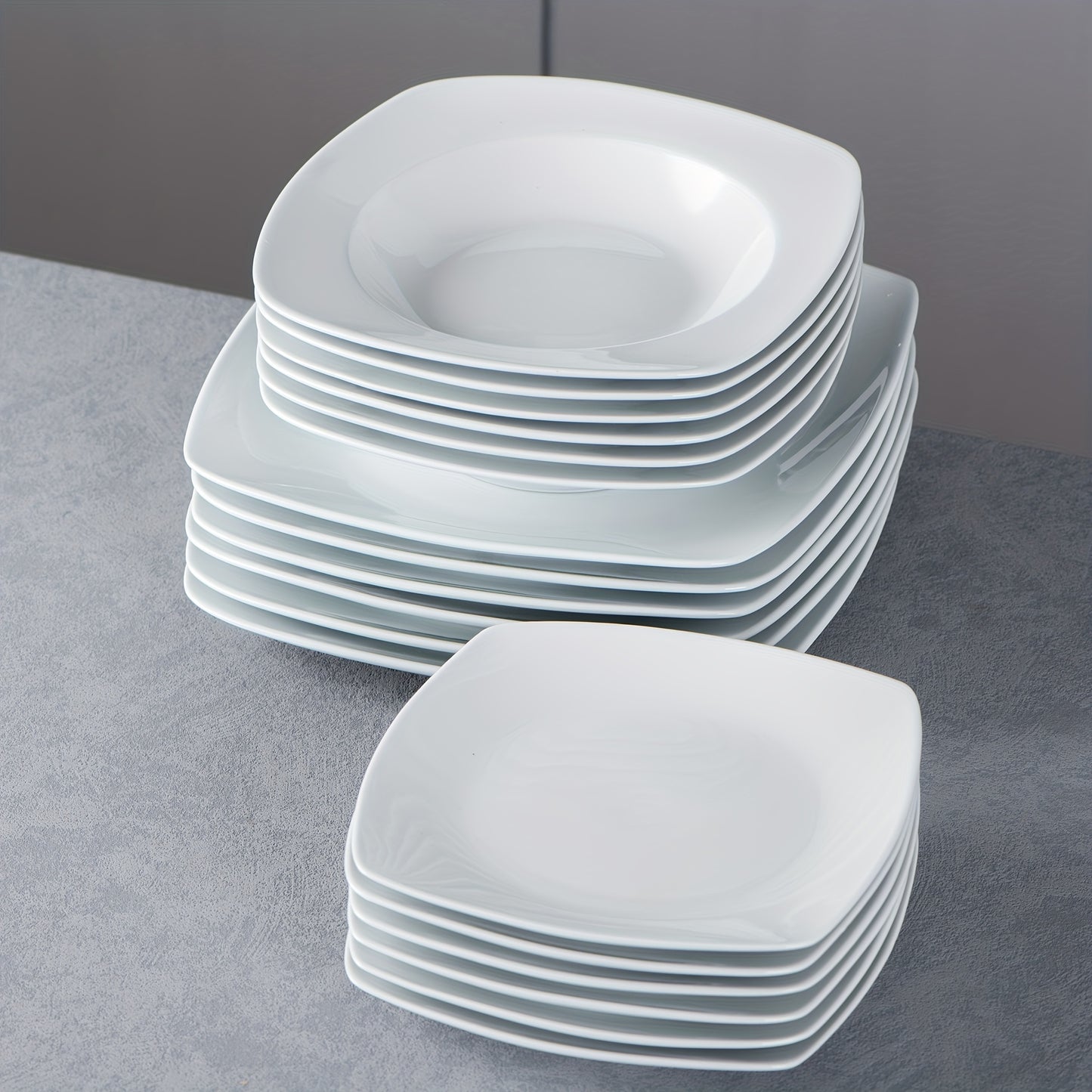 18pcs Porcelain Grey White Square Dinnerware Sets with Dinner Plates, Dessert Plates, Soup Plates, Set for 6