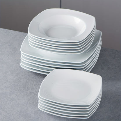 18pcs Porcelain Grey White Square Dinnerware Sets with Dinner Plates, Dessert Plates, Soup Plates, Set for 6